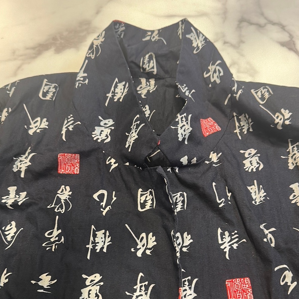 Black Kimono Jacket with White and Red Print - Picture 2 of 5